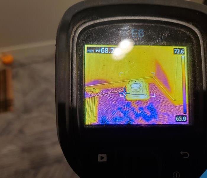 Thermal camera picture of wet carpet and walls